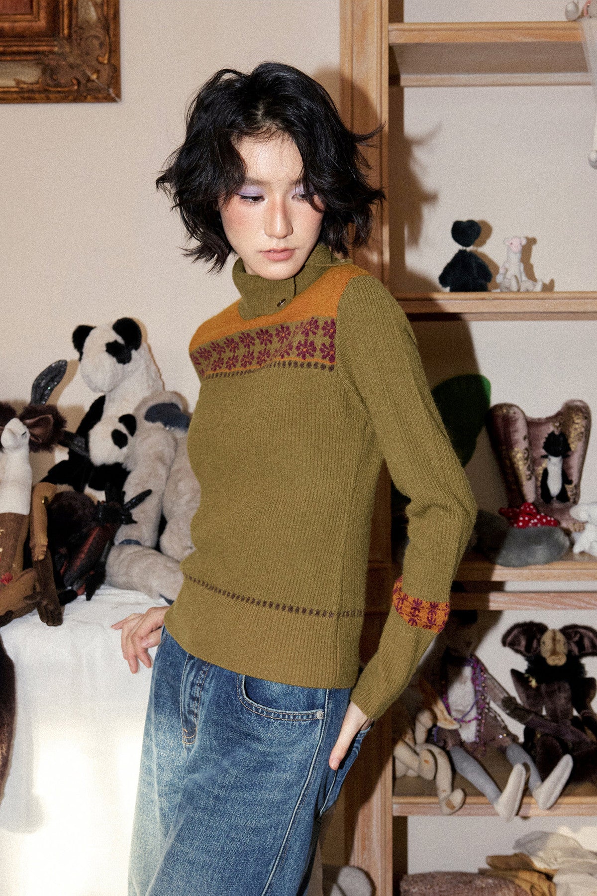 Floral High-Neck Pullover Sweater