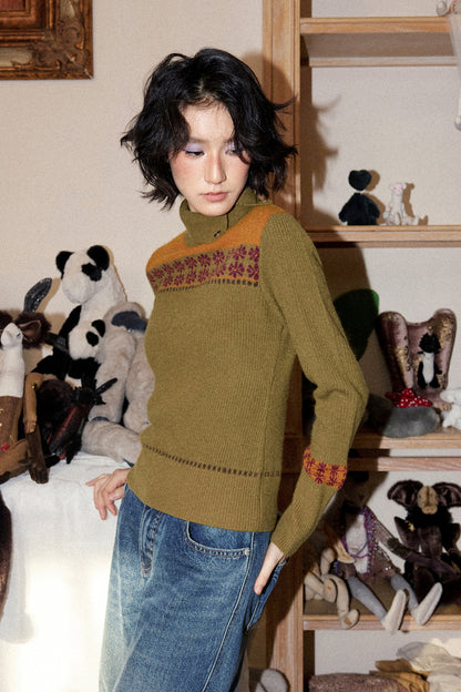 Floral High-Neck Pullover Sweater