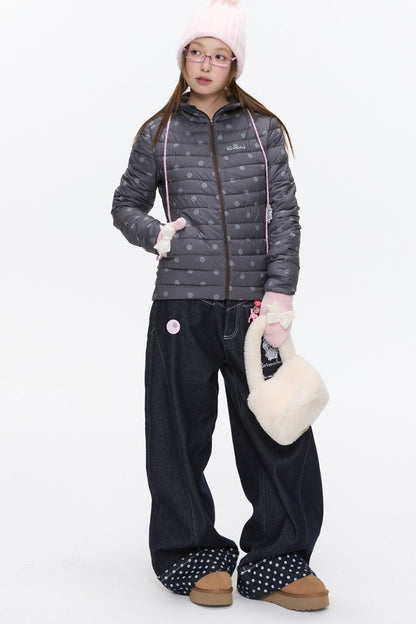 Hooded Ribbed Polka Dot Down Jacket