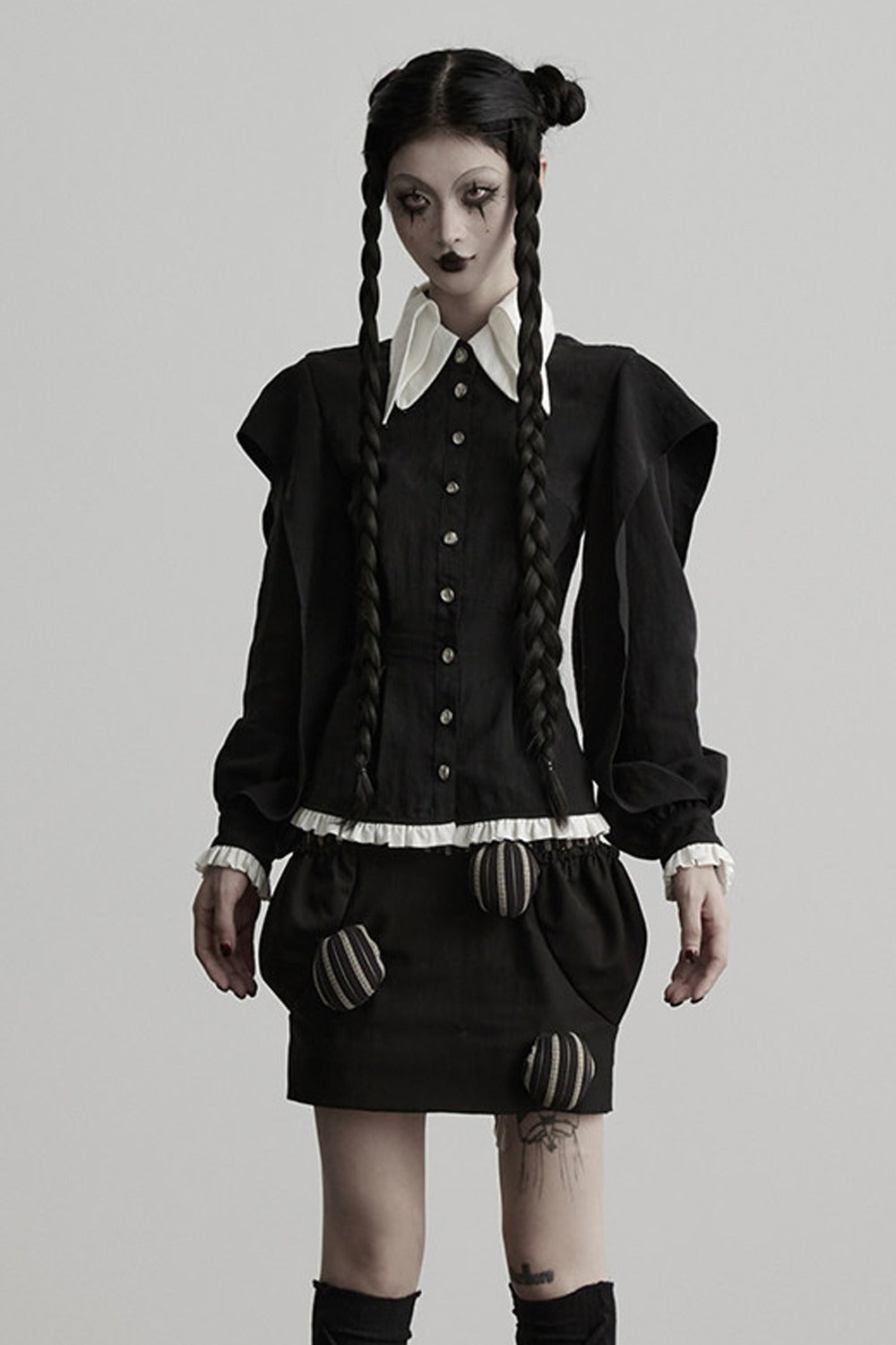 High-Waisted Straight Ball-Decorated Striped Patchwork Skirt