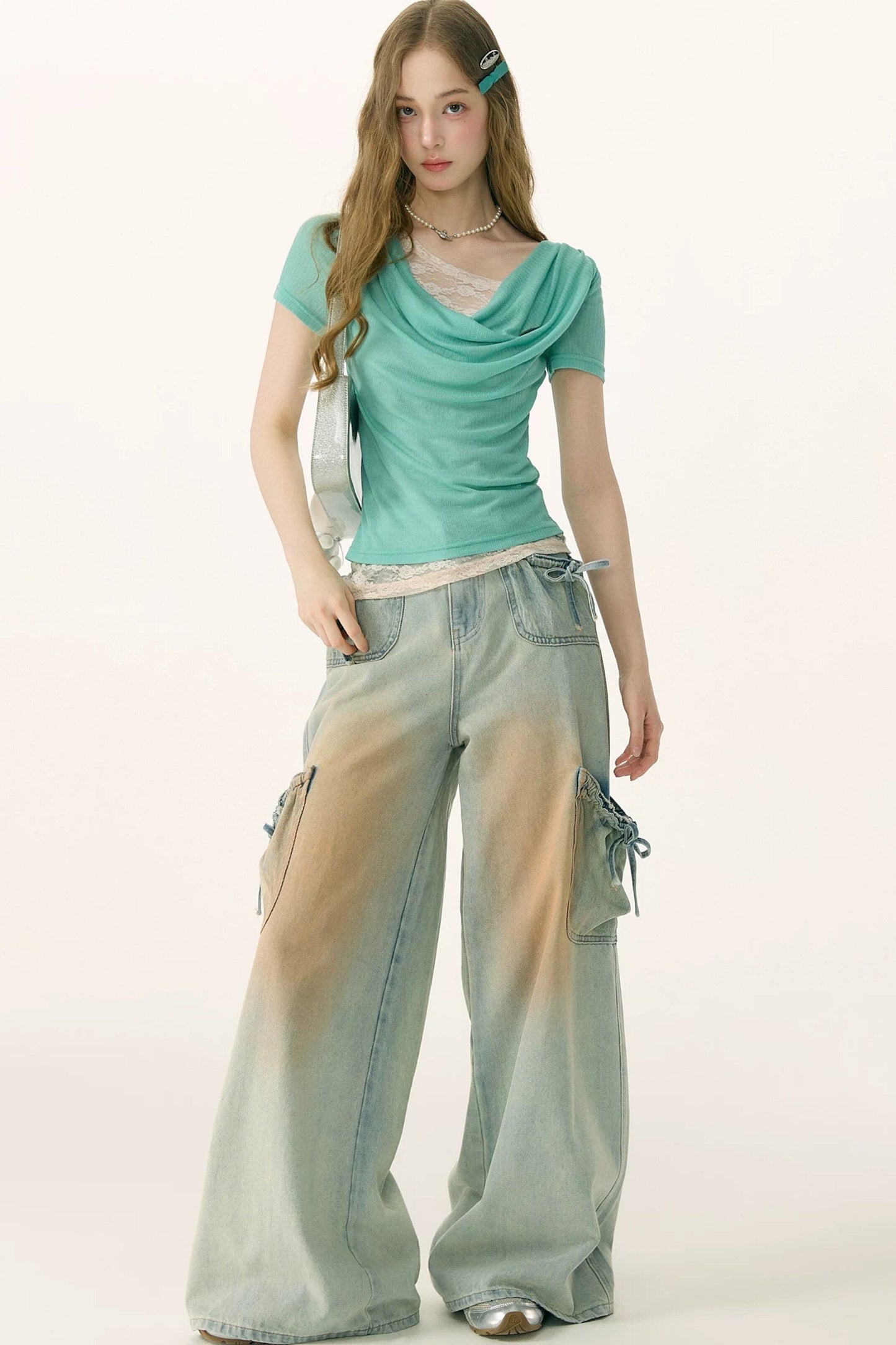 High-Waisted Bow-Knot Wide-Leg Denim Pants