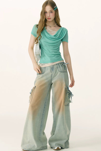 High-Waisted Bow-Knot Wide-Leg Denim Pants