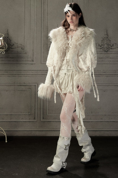 Beige Fur Collar Batwing Knit Jacket