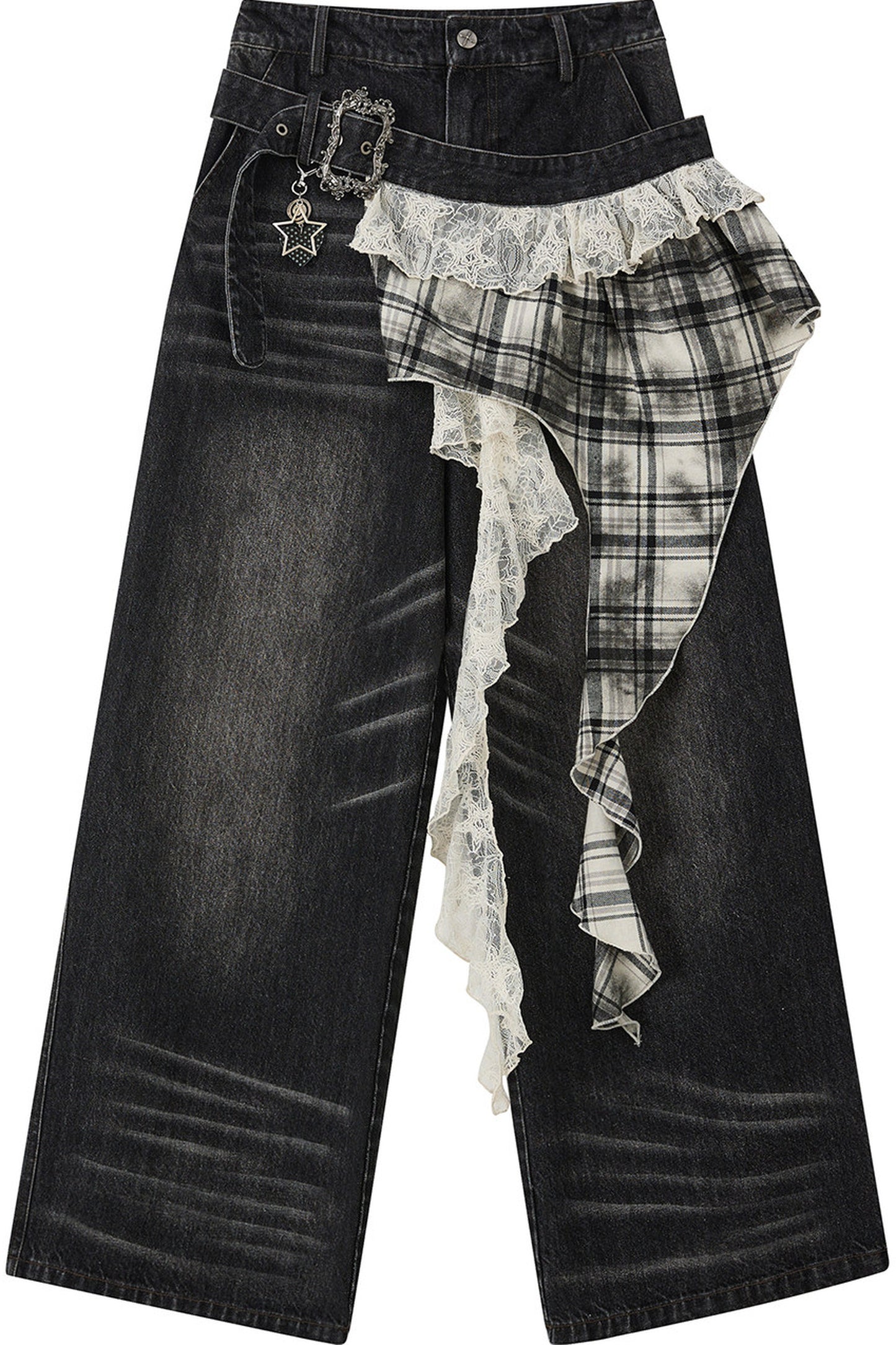 Karierte Wide-Leg-Jeans im Lagenlook
