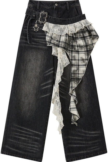 Karierte Wide-Leg-Jeans im Lagenlook