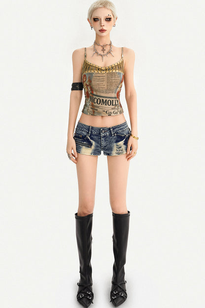 Low Rise Distressed Denim Shorts With Zipper Detail