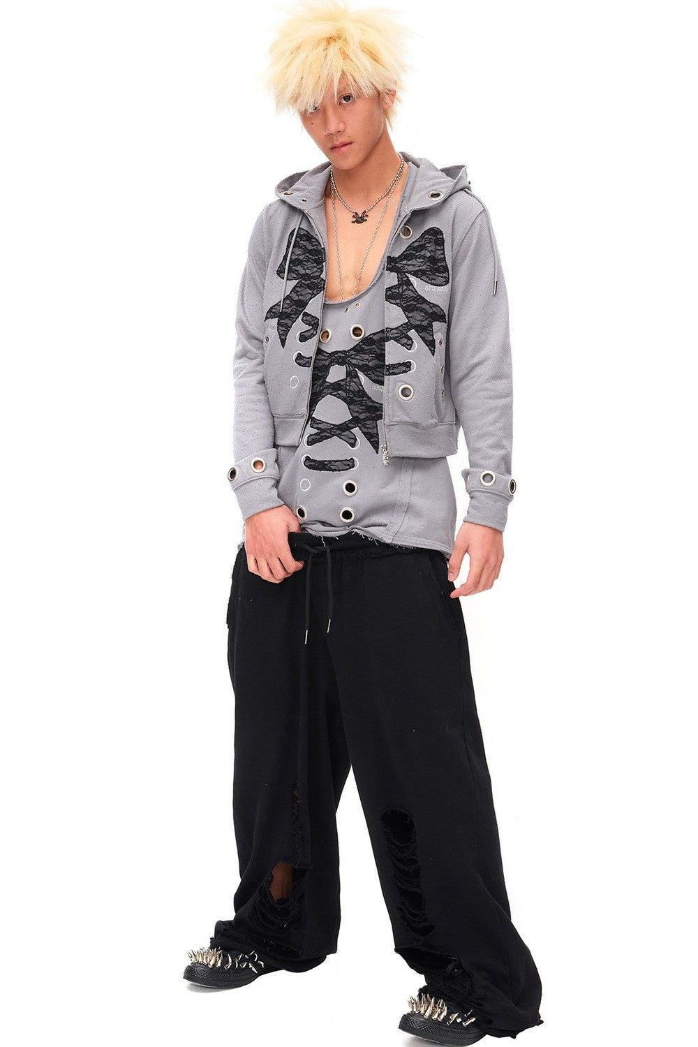 Distressed Lace Bow Hoodie
