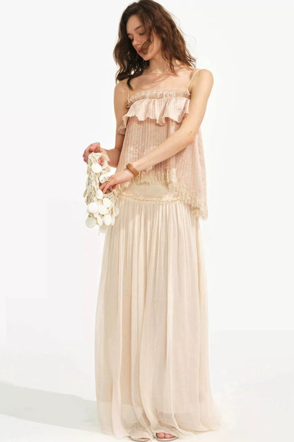 Retro Pleated Lace Pearl Skirt Set-Up