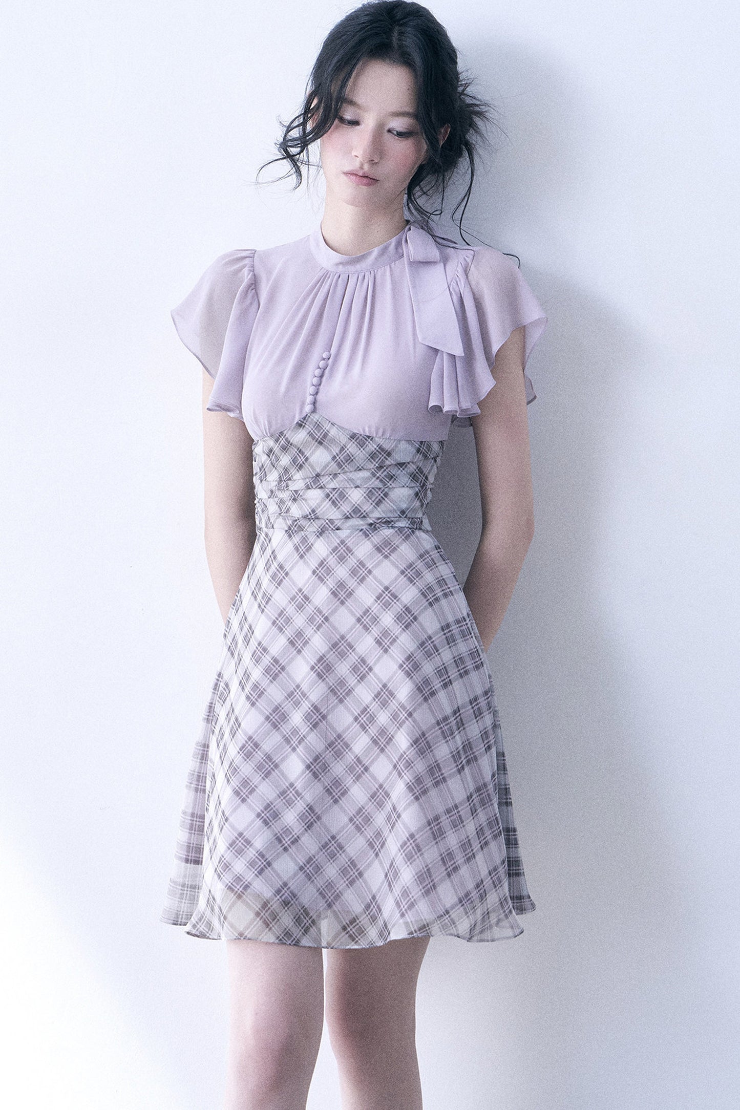 Lavender Plaid Flutter Sleeve Dress