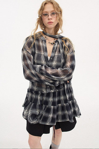 Drop Shoulder Plaid Blouse