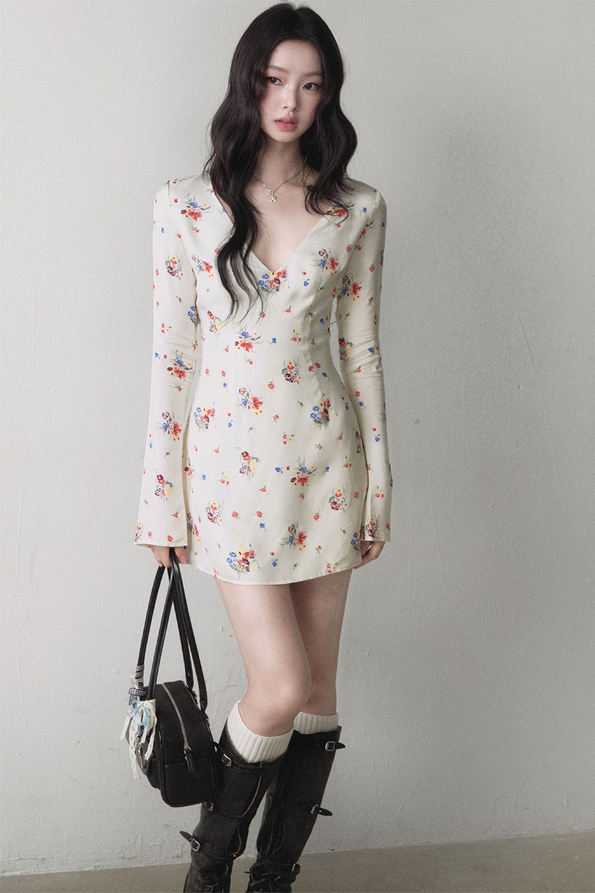 Colorful Floral V Neck A Line Dress