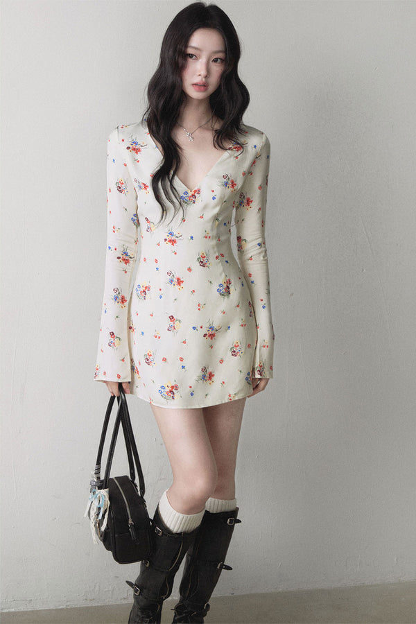 Colorful Floral V Neck A Line Dress