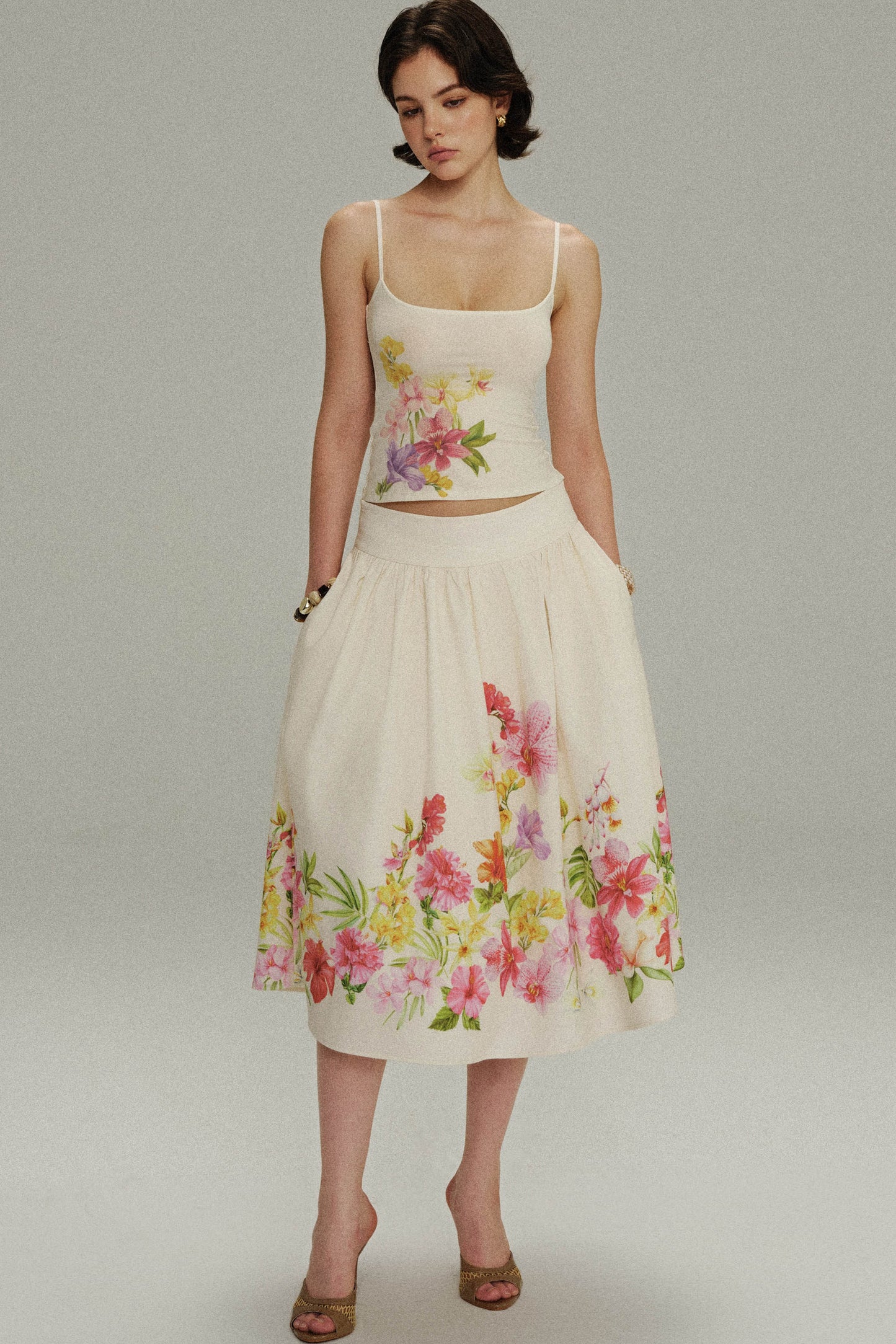 Retro Tencel Printed Camisole Skirt Set-Up