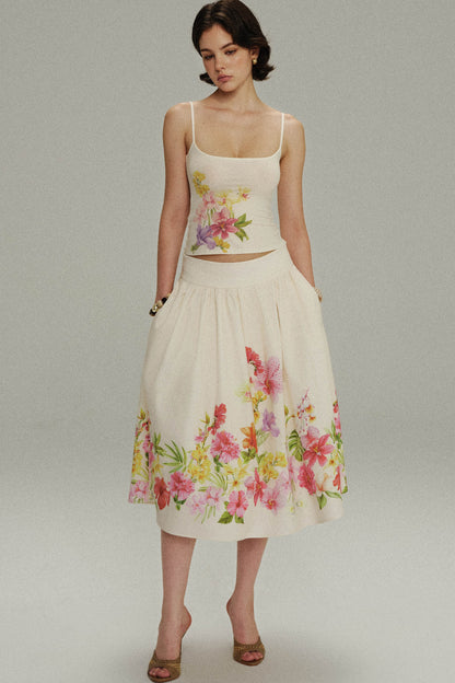 Retro Tencel Printed Camisole Skirt Set-Up