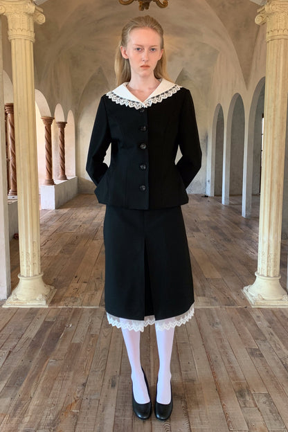 Black Lace Collar Jacket and Skirt Set-Up