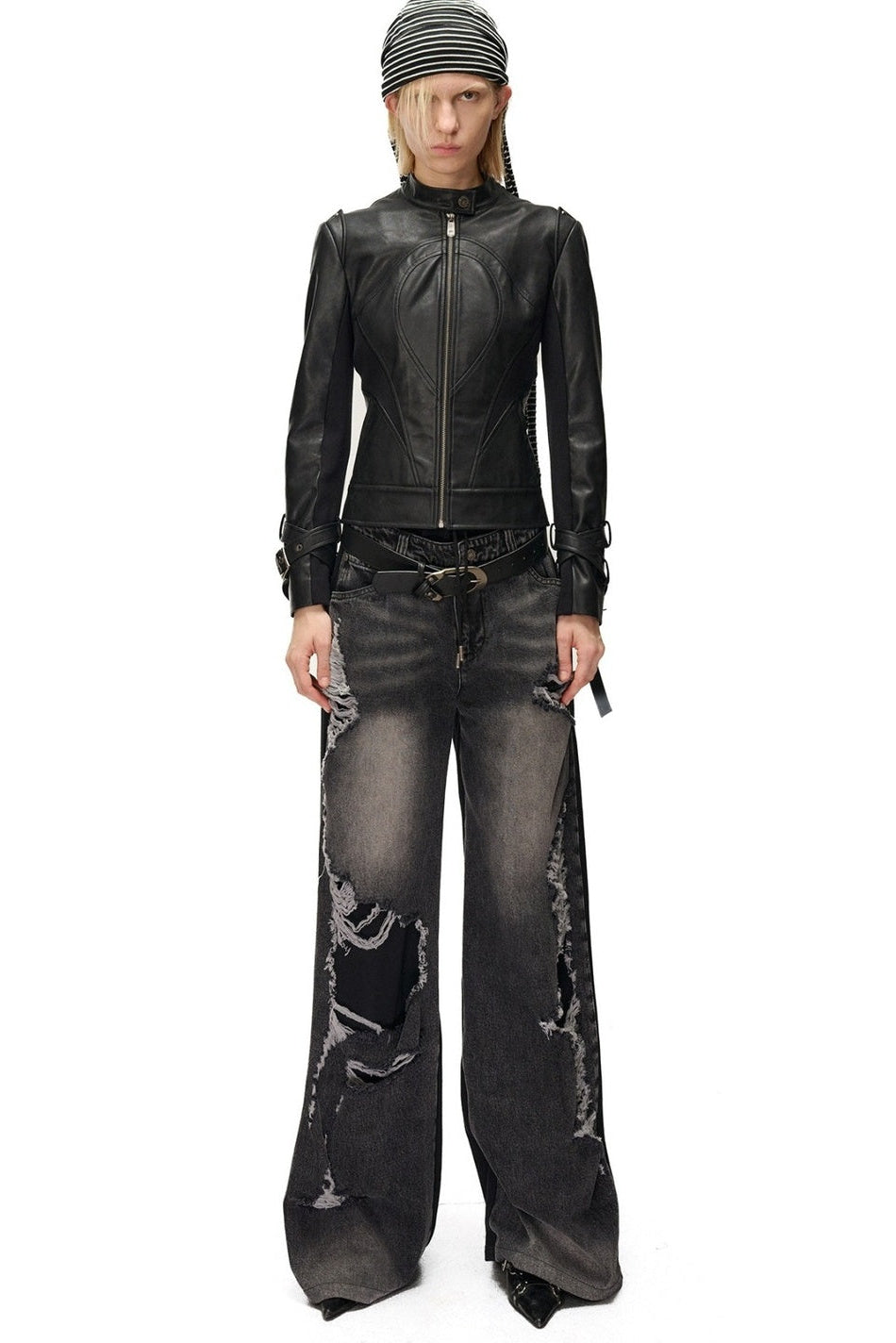 Slim-Fitting Functional Spliced PU Leather Jacket