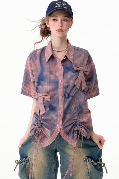 Chemise à manches courtes à carreaux roses avec nœud et cordon de serrage