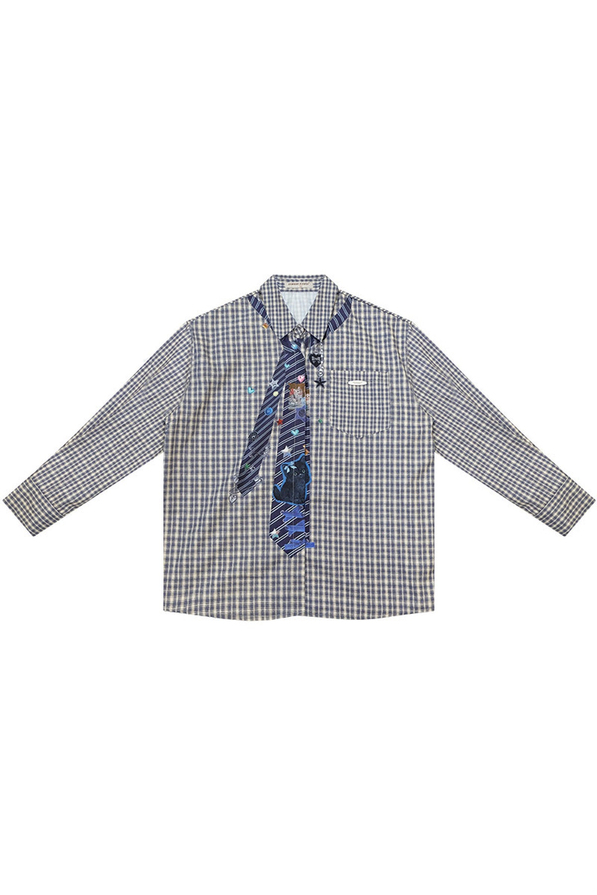 貓咪印花格紋Long sleeve襯衫