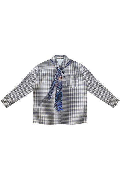 貓咪印花格紋Long sleeve襯衫