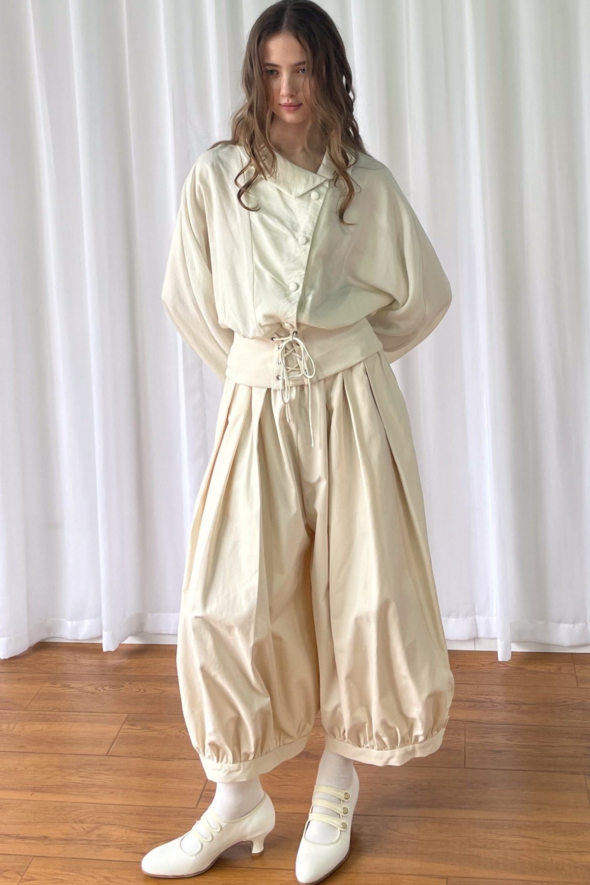 Beige Wide-Leg Lantern Pants