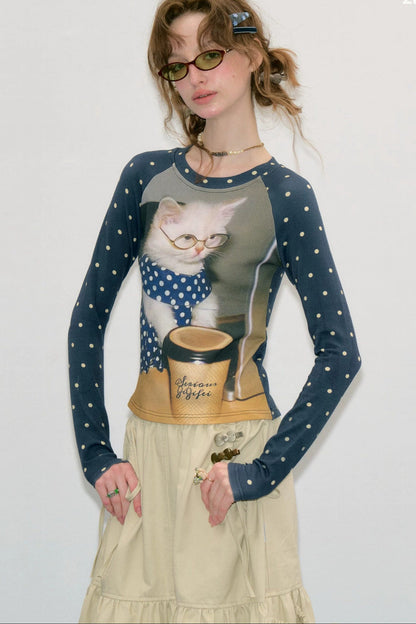 Tee-shirt raglan à imprimé chat et pois