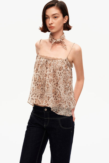 Retro Leopard Print Lace Tank Top Set