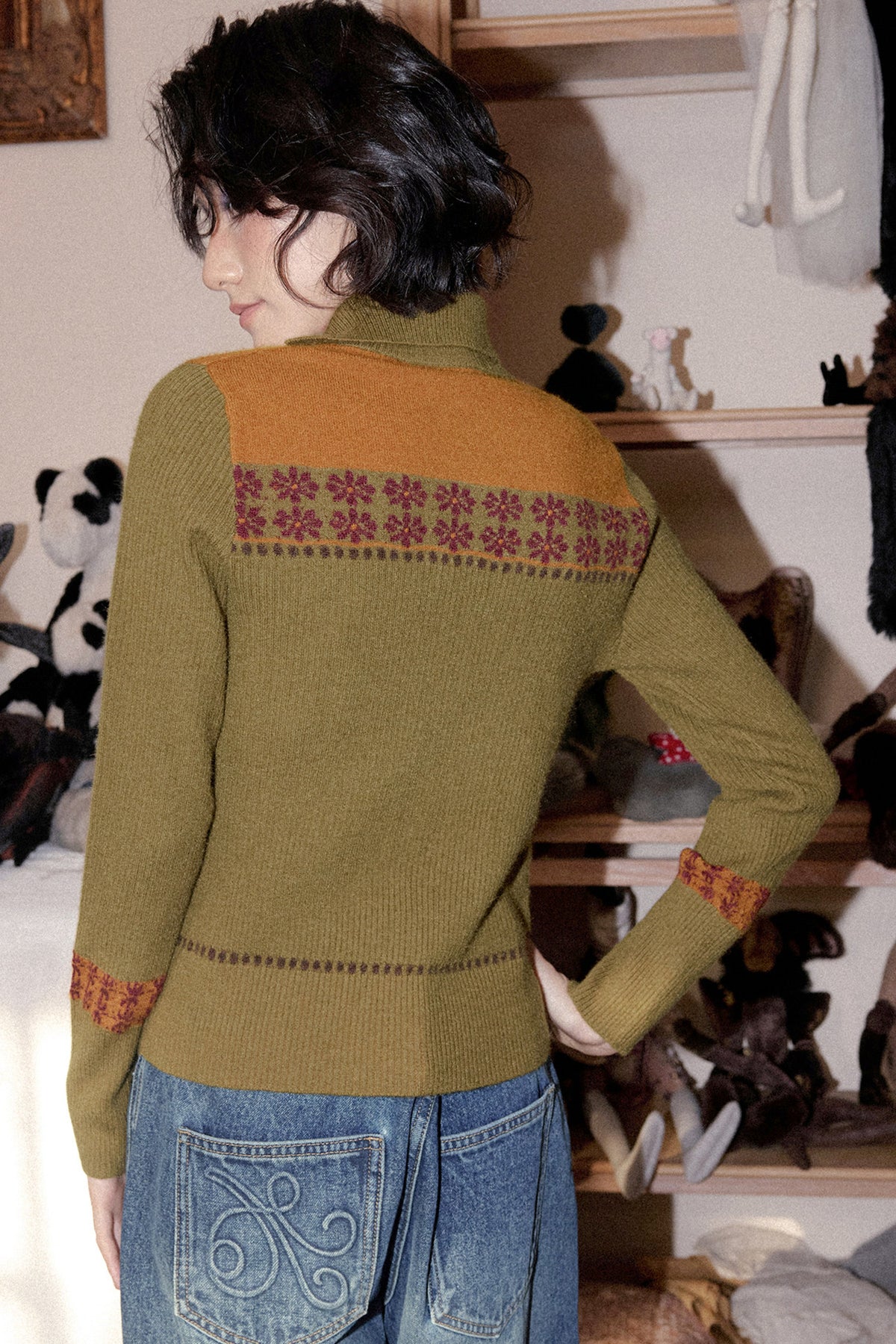 Floral High-Neck Pullover Sweater