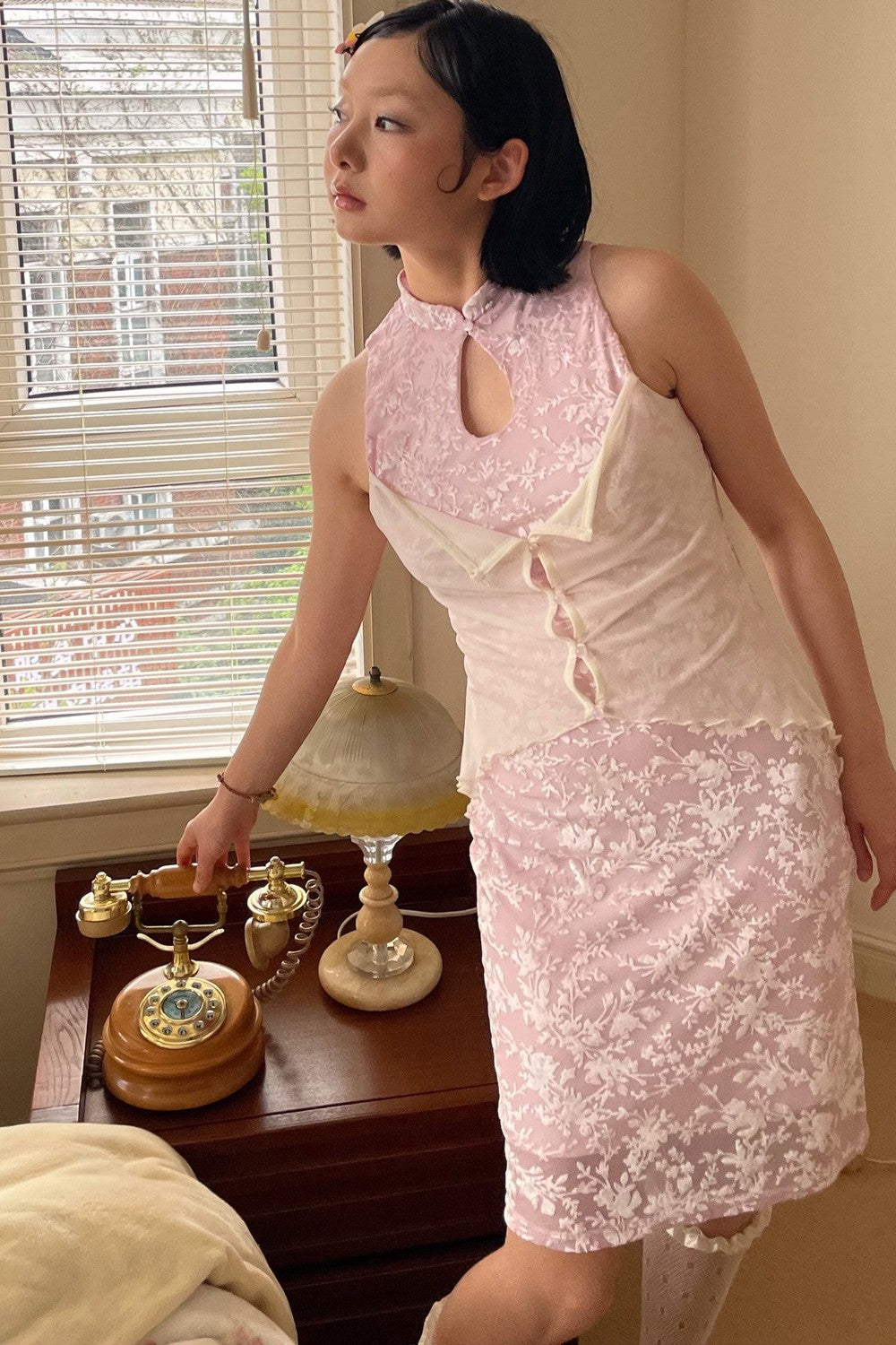 Abito Cheongsam rosa vintage in pizzo