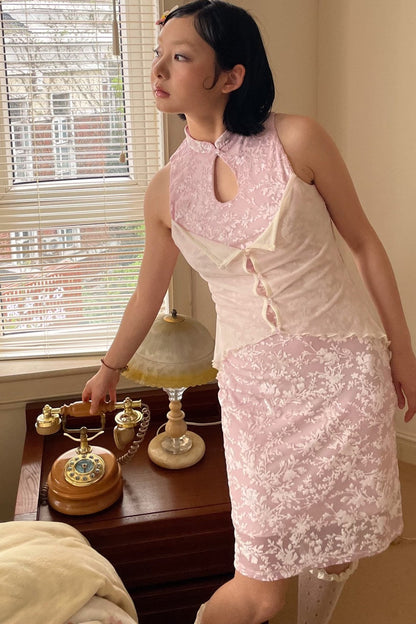 Abito Cheongsam rosa vintage in pizzo
