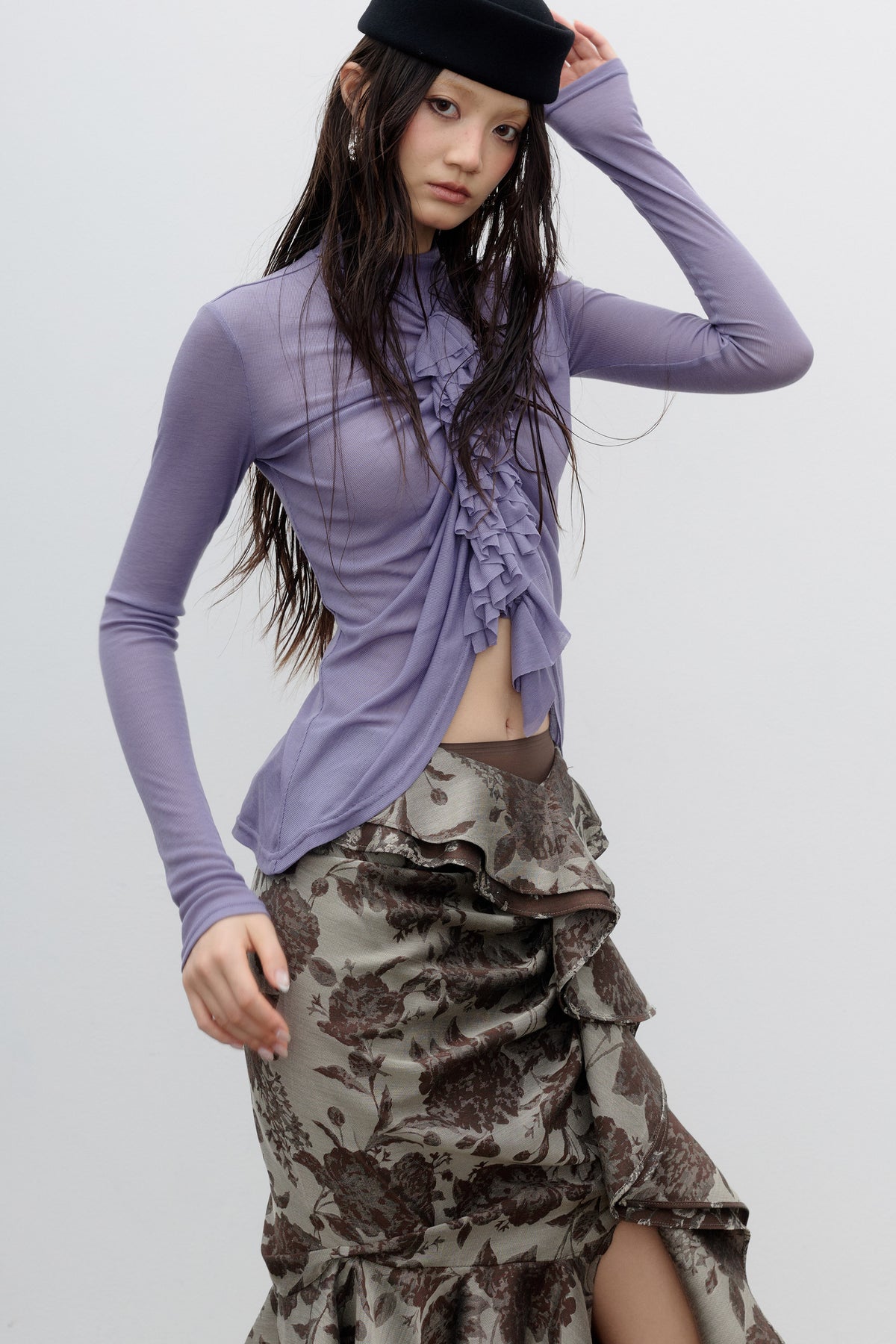 Pleated Ruffle Tassel Lace Long-Sleeved T-Shirt