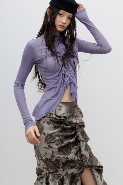 Pleated Ruffle Tassel Lace Long-Sleeved T-Shirt
