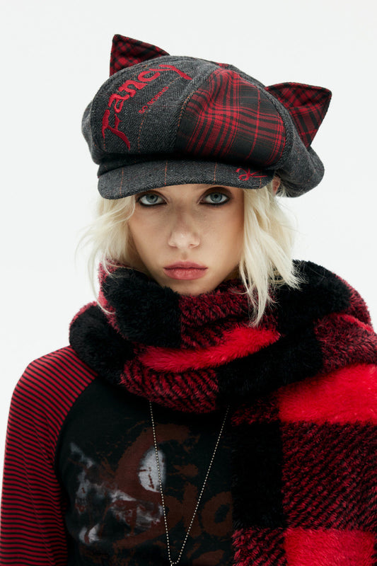 Black Red Octagonal Newsboy Cat Ear Hat