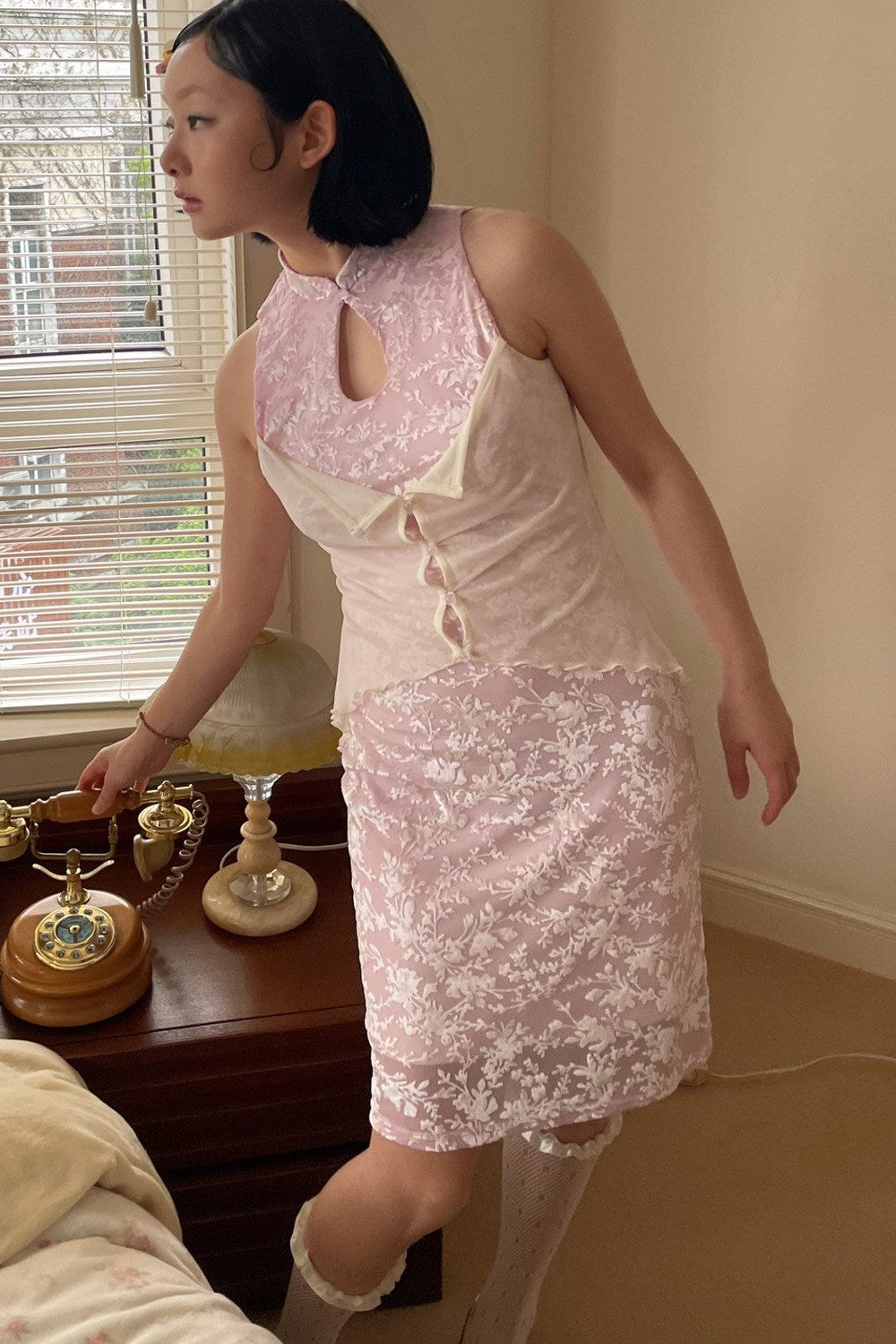 Abito Cheongsam rosa vintage in pizzo