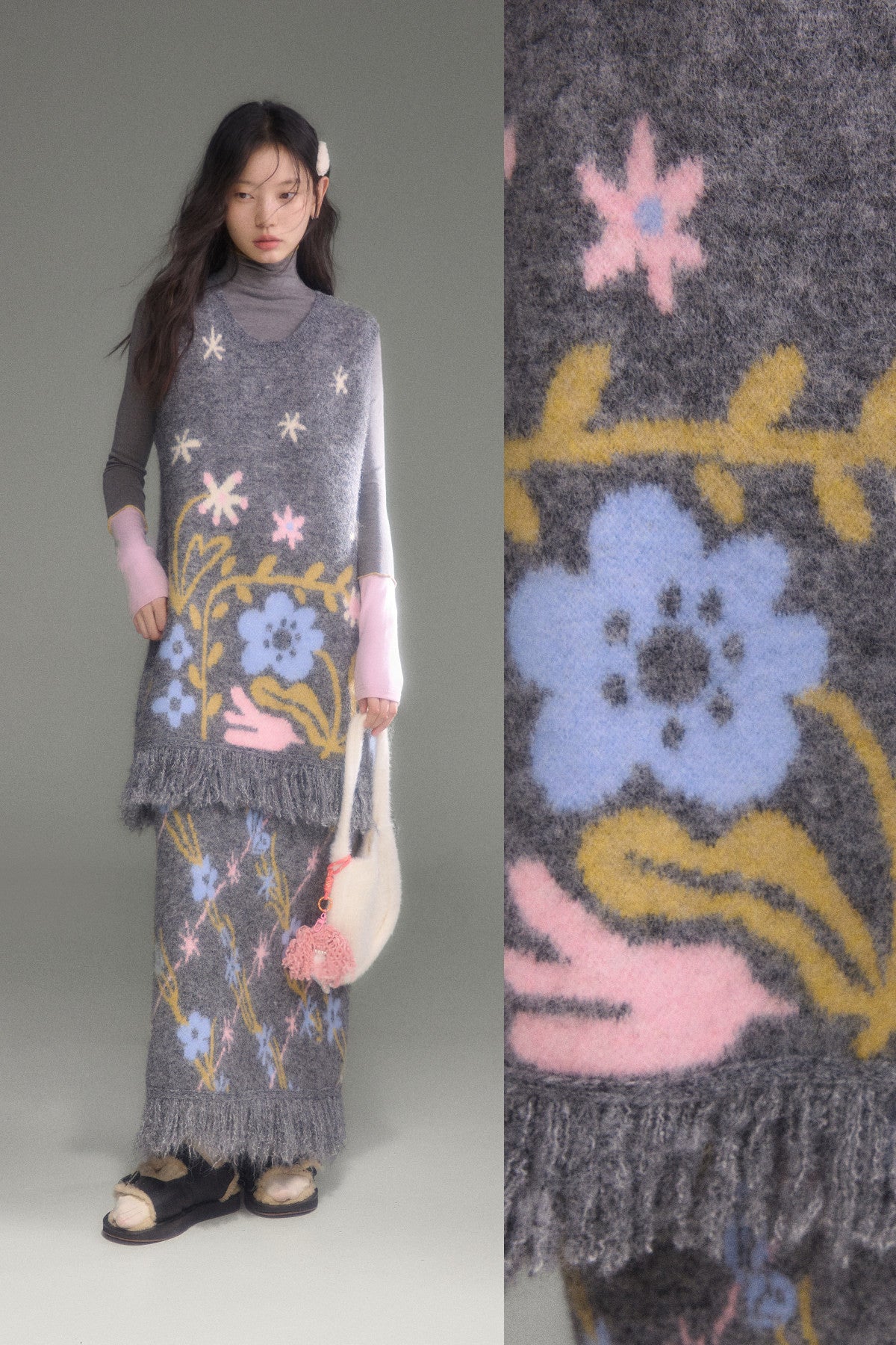 Ear-Shaped Wool-Blend Bird and Flower Jacquard Dress Set-Up