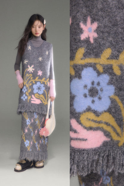 Ear-Shaped Wool-Blend Bird and Flower Jacquard Dress Set-Up