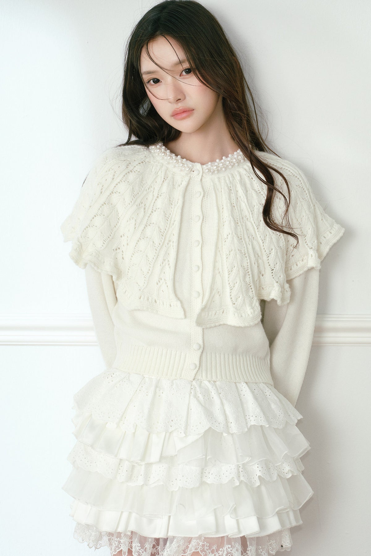 White Pearl Collar Cape Shawl Knit Sweater