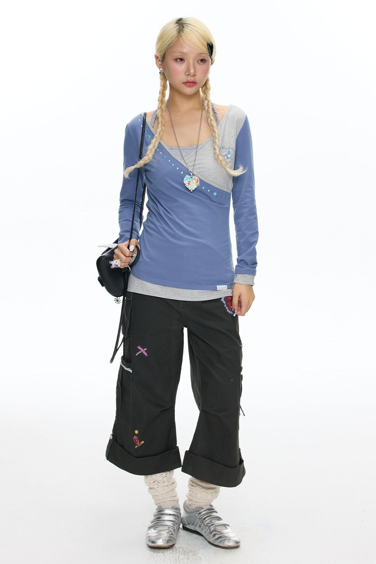 Diagonal Placket Layered-Look T-Shirt