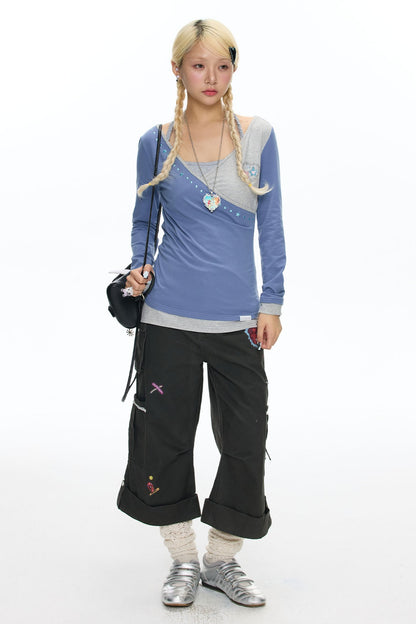 Diagonal Placket Layered-Look T-Shirt