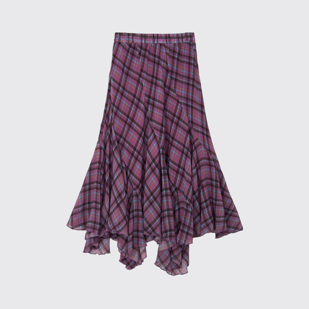 Asymmetrical Color-Block Plaid Chiffon Skirt