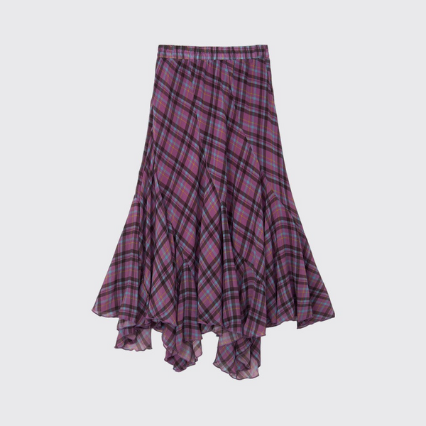 Asymmetrical Color-Block Plaid Chiffon Skirt