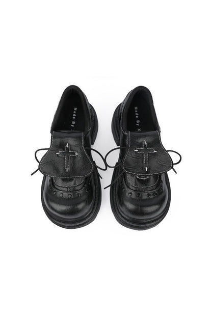Thick-Soled Leather Shoes With Cross Flap