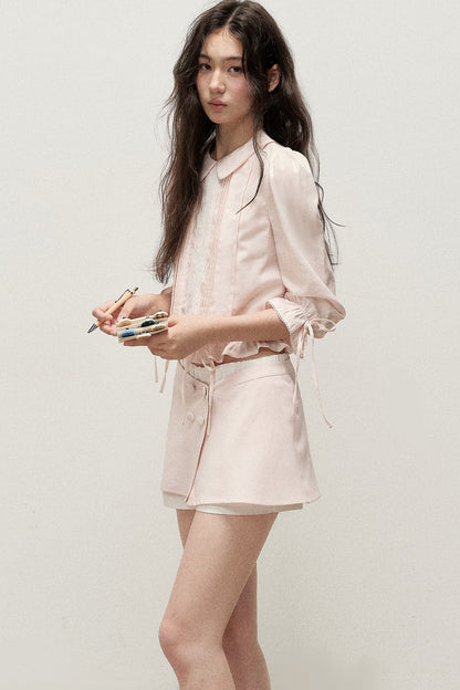 Mist Pink Lyocell Linen Mid-Sleeve Tuck Pleat Shirt Skirt Set-Up