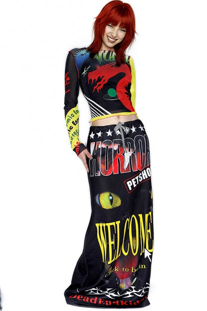 Y2K Graphic Long Sleeve Mesh Top