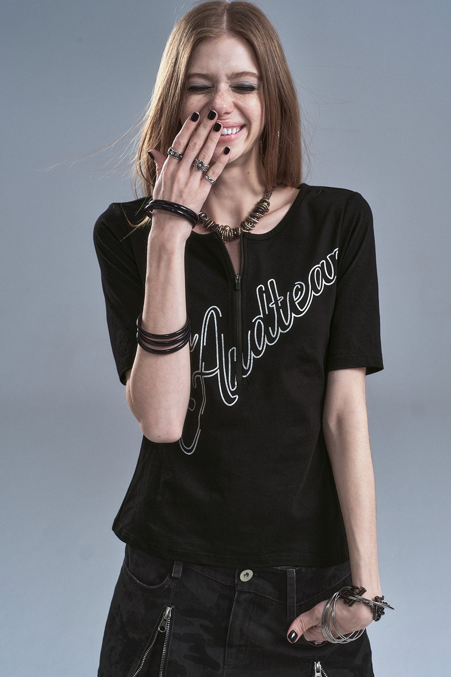 Half-Zip Silver Letter Print T-Shirt