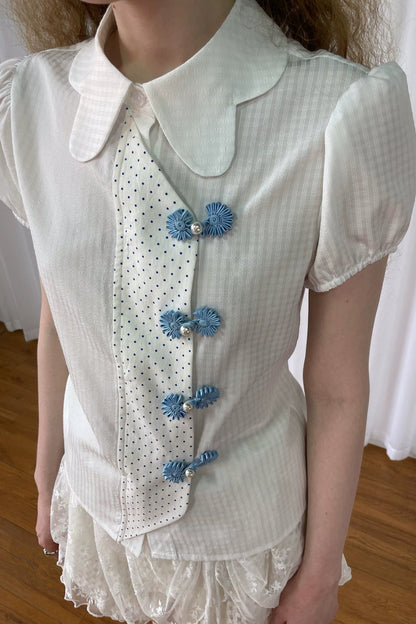 Textured Striped Polka Dot Puff Sleeve Blouse