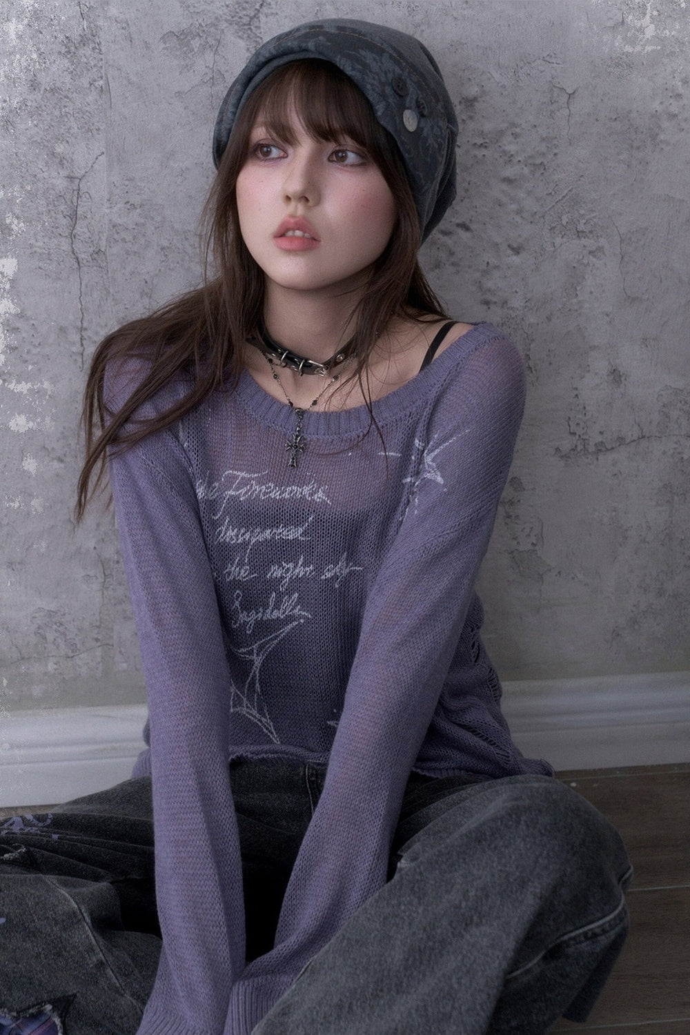 Purple Ripped Knit Mesh Print Sweater