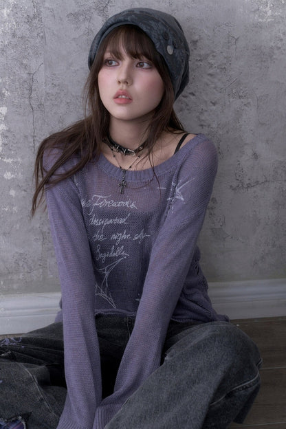 Purple Ripped Knit Mesh Print Sweater