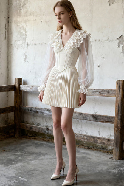 V-Neck Fishbone Pleated Dress