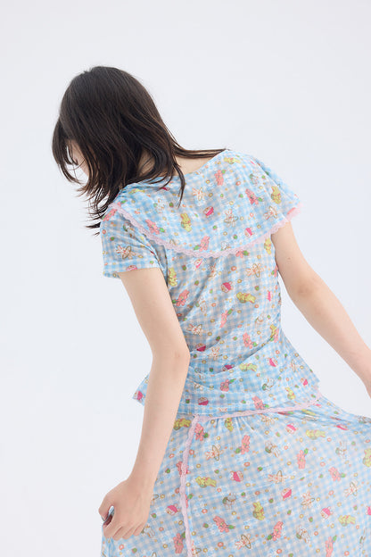 Ensemble haut en dentelle et jupe à carreaux bleus avec imprimé lapin