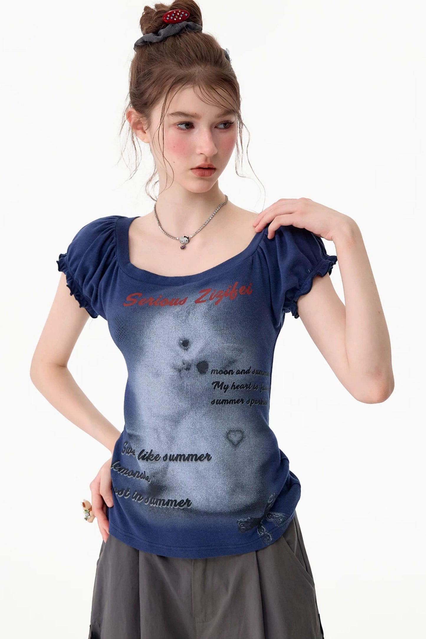 Dark Blue Puff Sleeve T-Shirt